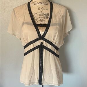 Liz Claiborne Black Ivory Sheer Chiffon Blouse Contrast Trim Women’s Size 10